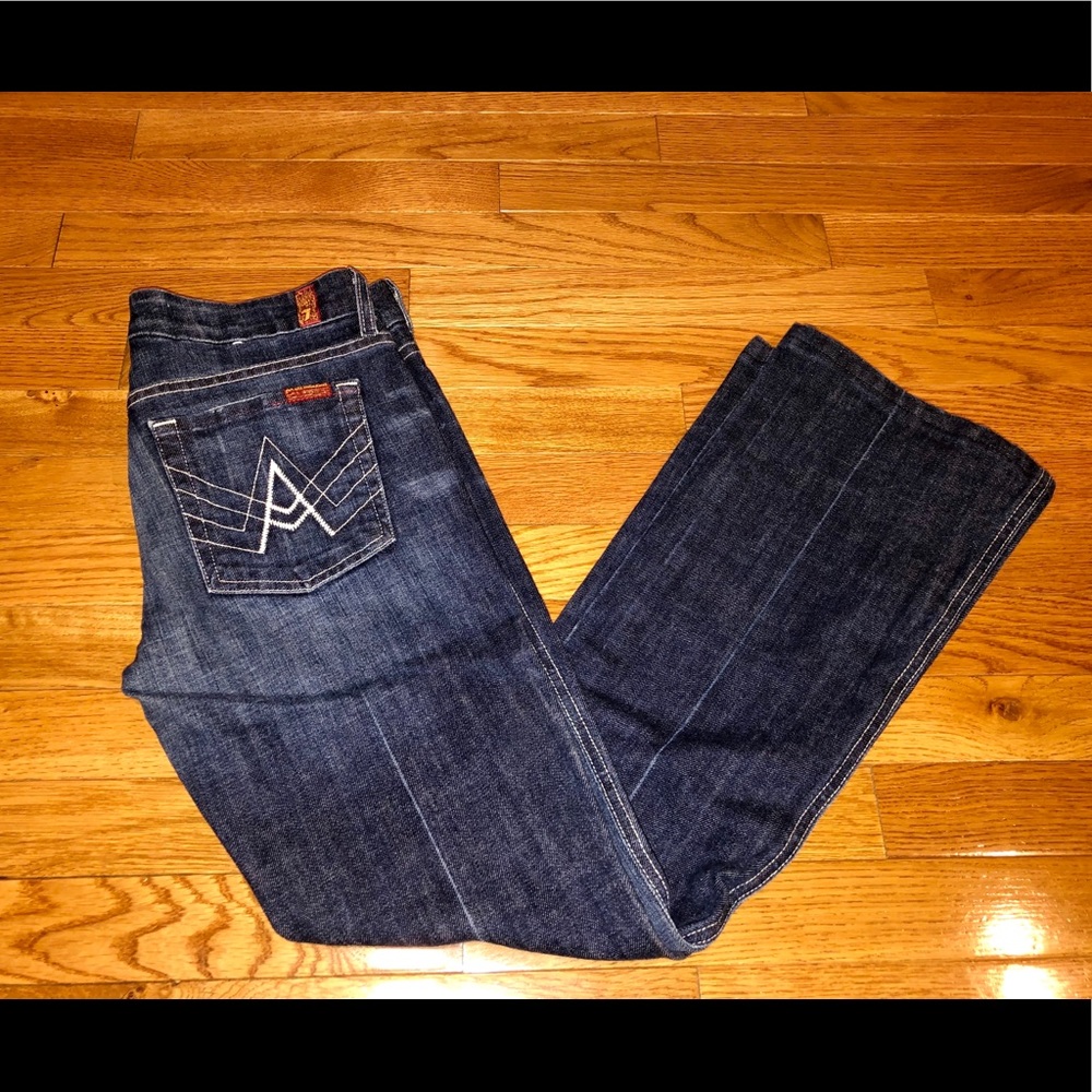 7FAMK size 28 dark wash A-pocket jeans (hemmed)